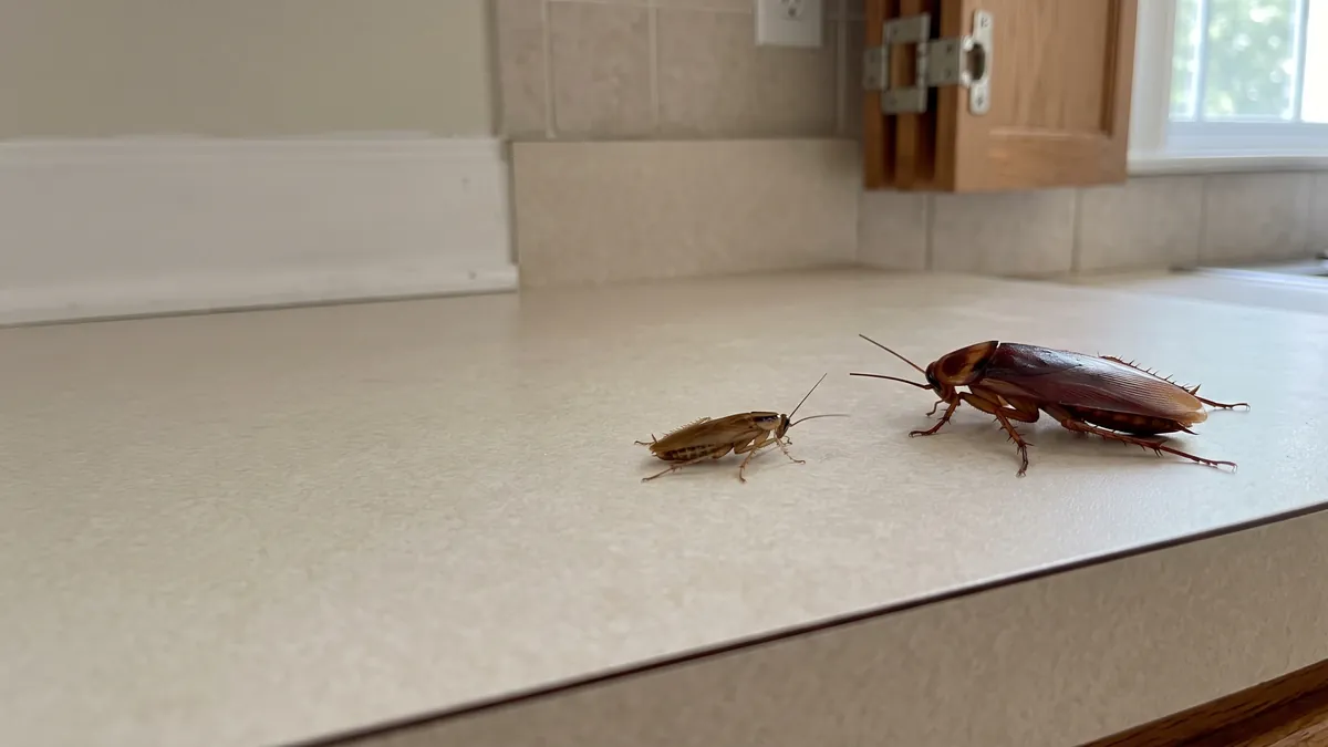 Illustration of a small tan German cockroach on a kitchen counter beside a much larger reddish brown cockroach.