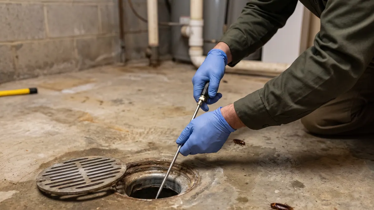 Illustration of a technician inspecting a floor drain, with a cockroach on the floor nearby.