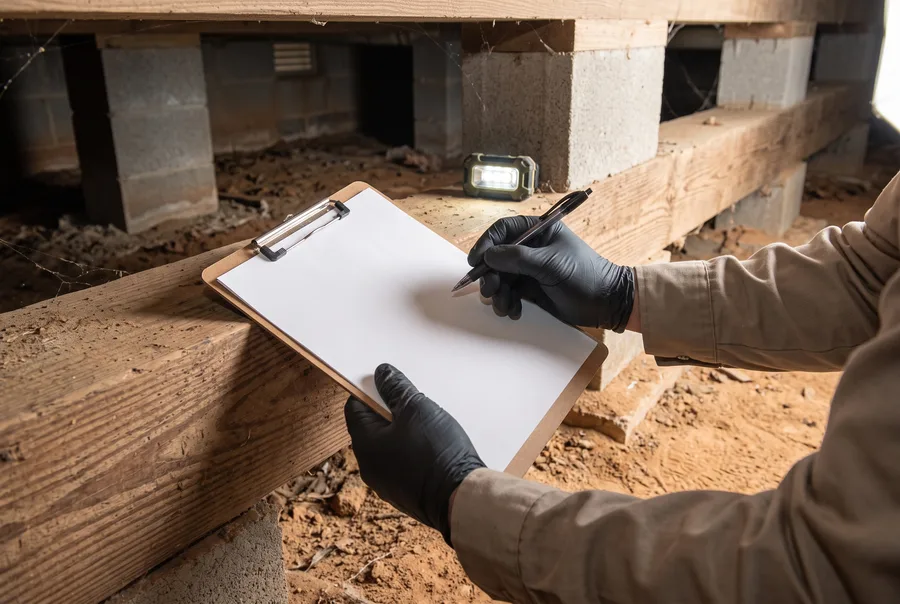 Illustration of a technician inspecting a crawl space with a clipboard and work light.
