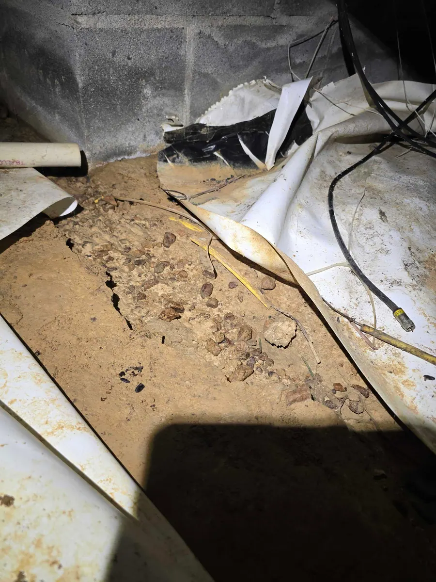 Torn ground cover pulled back from bare soil inside a crawl space, inspected by Rozier Pest Control & Waterproofing.