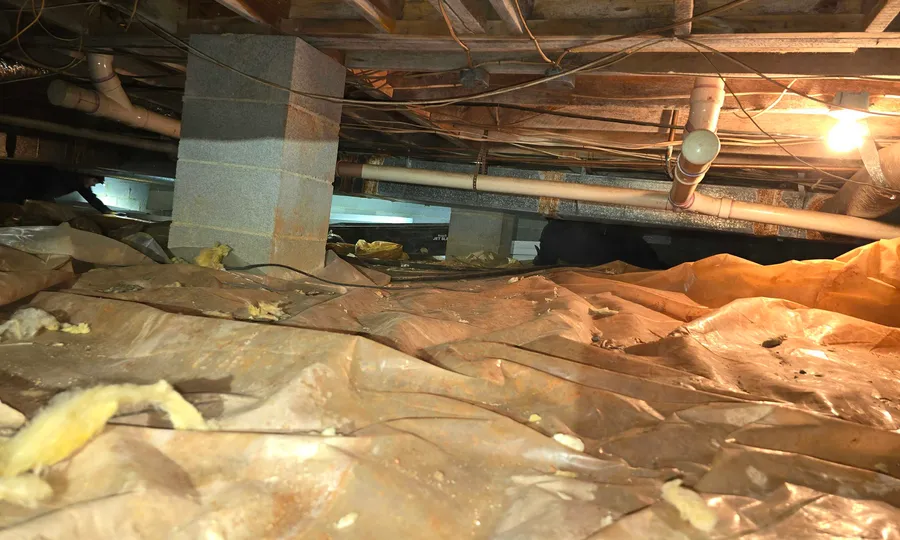 Damp, sagging insulation and a crumpled old vapor barrier in a crawl space inspected by Rozier Pest Control & Waterproofing.