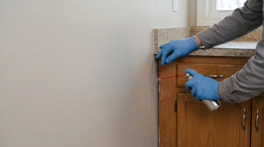 Illustration of a technician applying an aerosol void treatment into a kitchen cabinet gap.