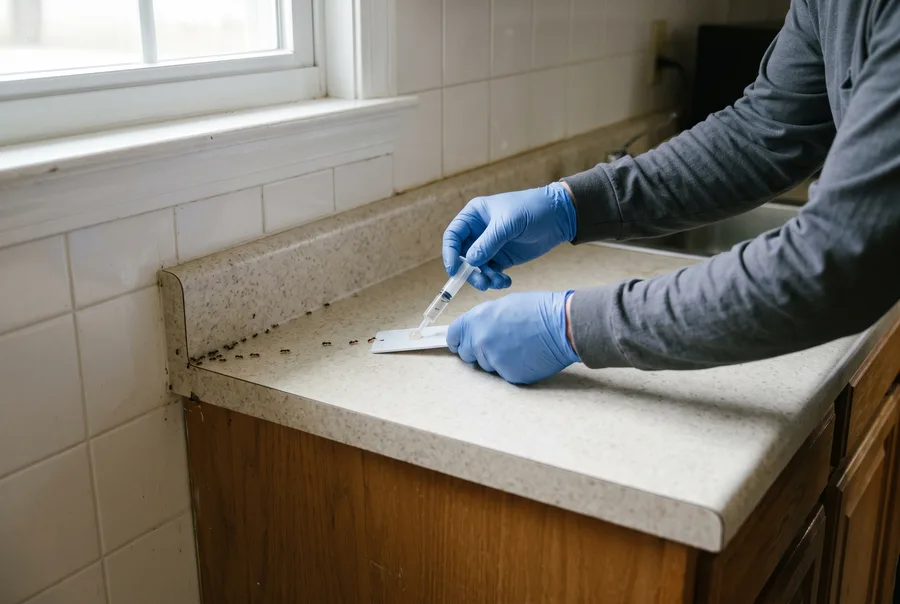 Illustration of a technician applying ant gel bait along a kitchen counter.