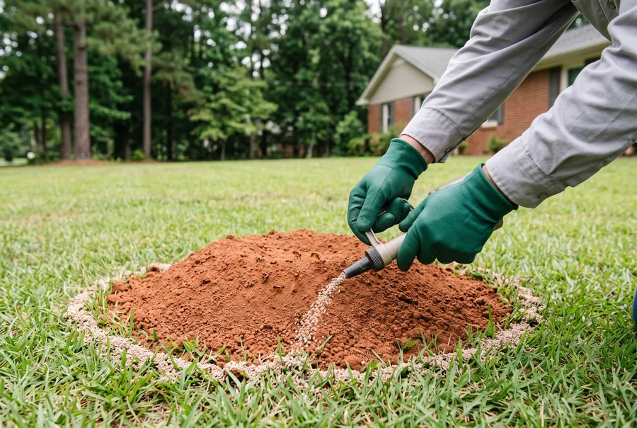 Illustration of a technician applying granular bait around an ant mound.