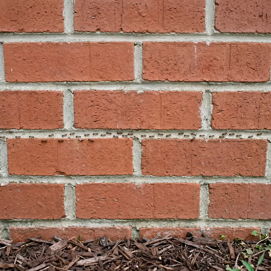 Illustration of ants marching along the mortar lines of an exterior brick wall.