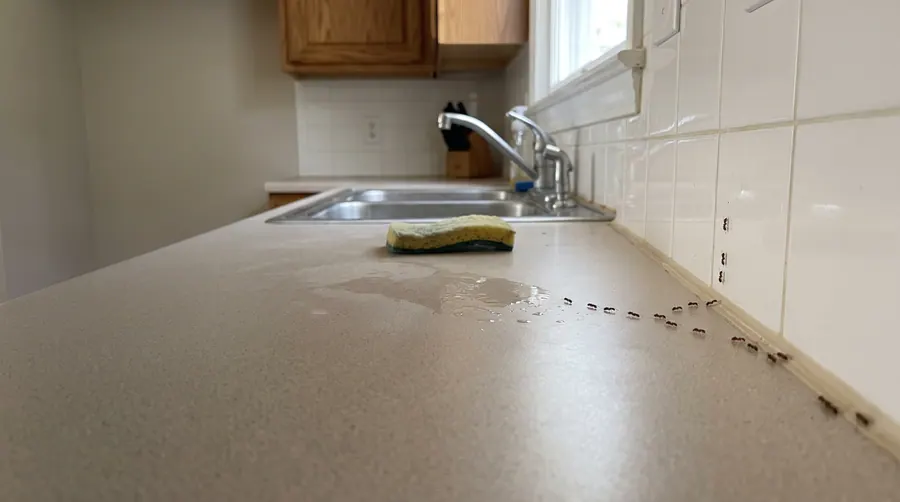 Illustration of ants trailing across a kitchen countertop toward the sink.