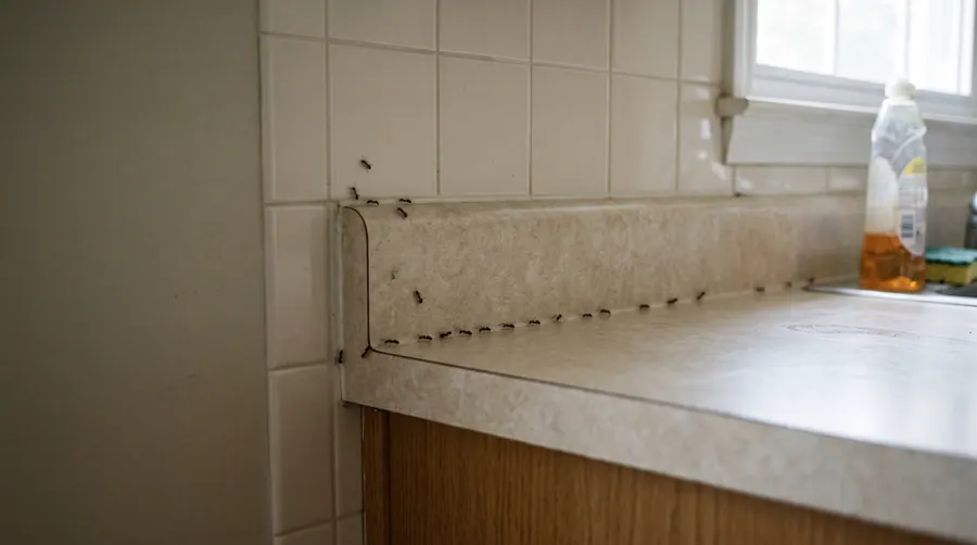 Illustration of an ant trail running along the backsplash of a kitchen countertop.