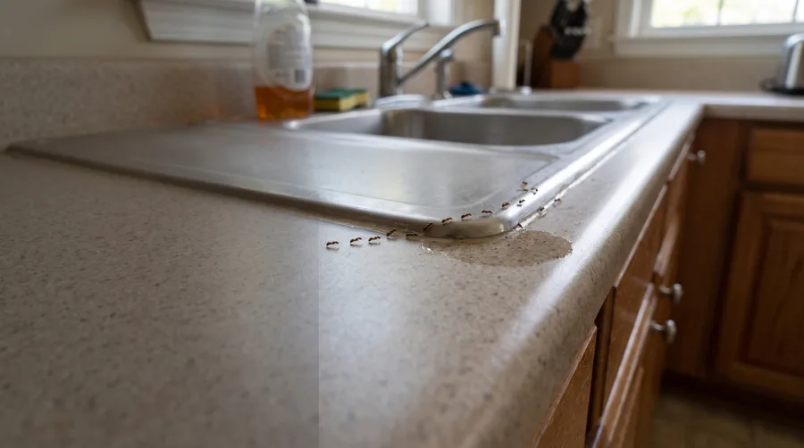 Illustration of an ant trail running along a kitchen countertop.