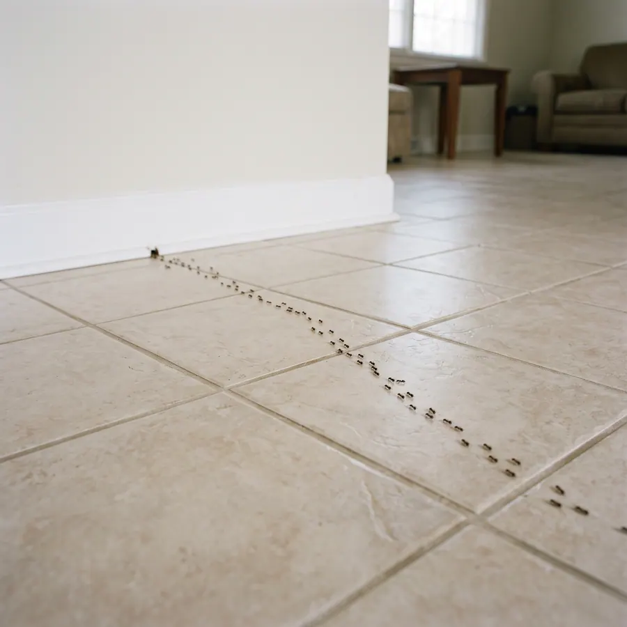 Illustration of an ant trail crossing a tiled floor toward a gap at the wall.