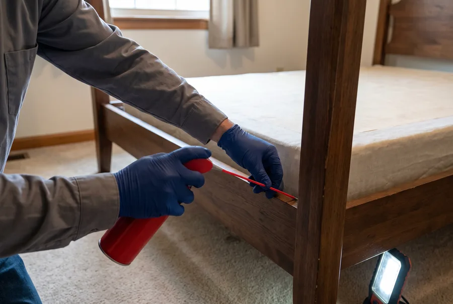 Illustration of a technician treating a wooden bed frame for bed bugs.