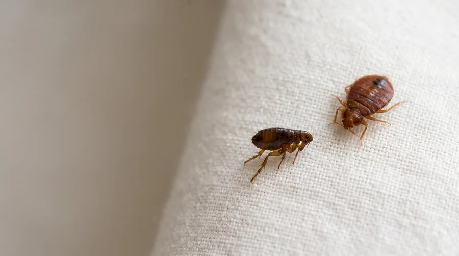 Illustration of a bed bug beside a flea on light fabric, showing the difference in size and shape.