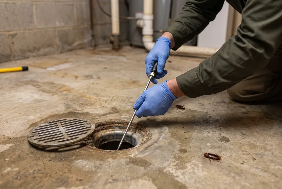 Illustration of a technician inspecting a basement floor drain, where American cockroaches gather.