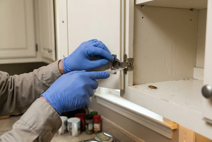 Illustration of a technician applying gel bait inside a kitchen cabinet for cockroach control.