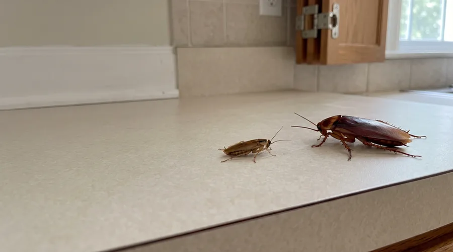 Illustration of American and smaller cockroaches on a kitchen countertop.