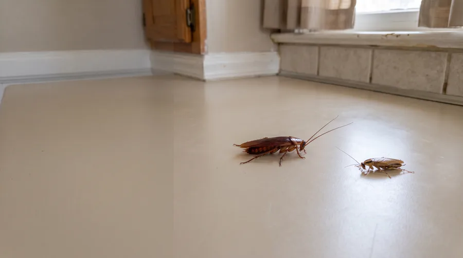 Illustration of two cockroaches on a kitchen floor.