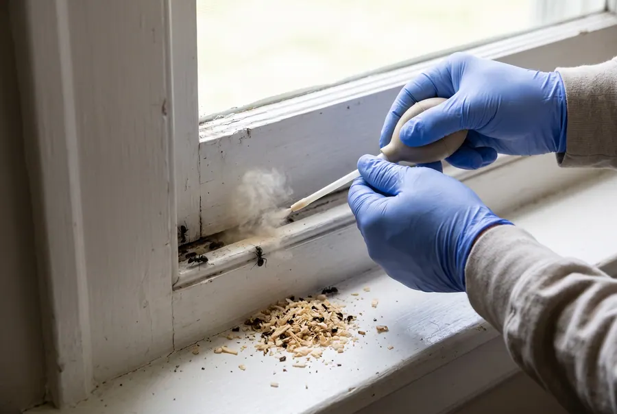 Illustration of a technician applying a dust treatment into the gaps of a window frame.