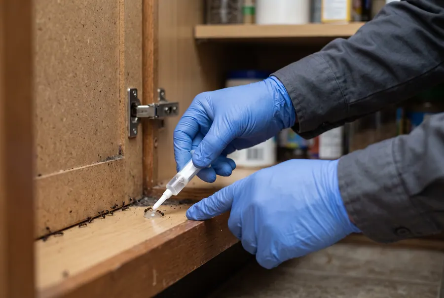 Illustration of a technician placing gel bait inside a kitchen cabinet.