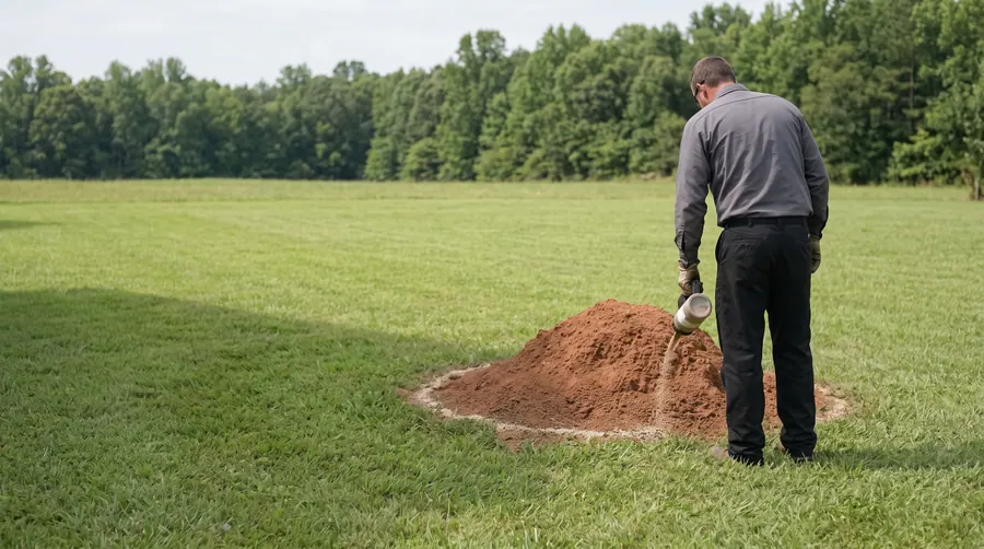 Illustration of a technician treating a ground nest in an open lawn.