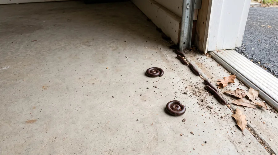 Illustration of millipedes gathering at a garage entrance.