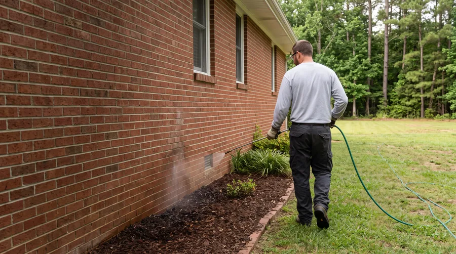 Illustration of a technician applying a perimeter treatment along a brick foundation.