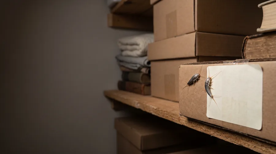Illustration of silverfish on cardboard storage boxes.