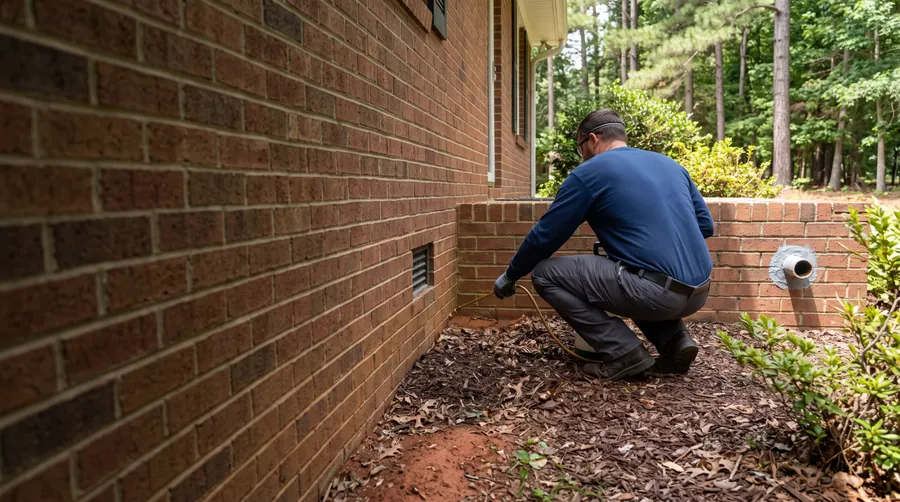 Illustration of a technician treating the soil along the brick foundation of a home.