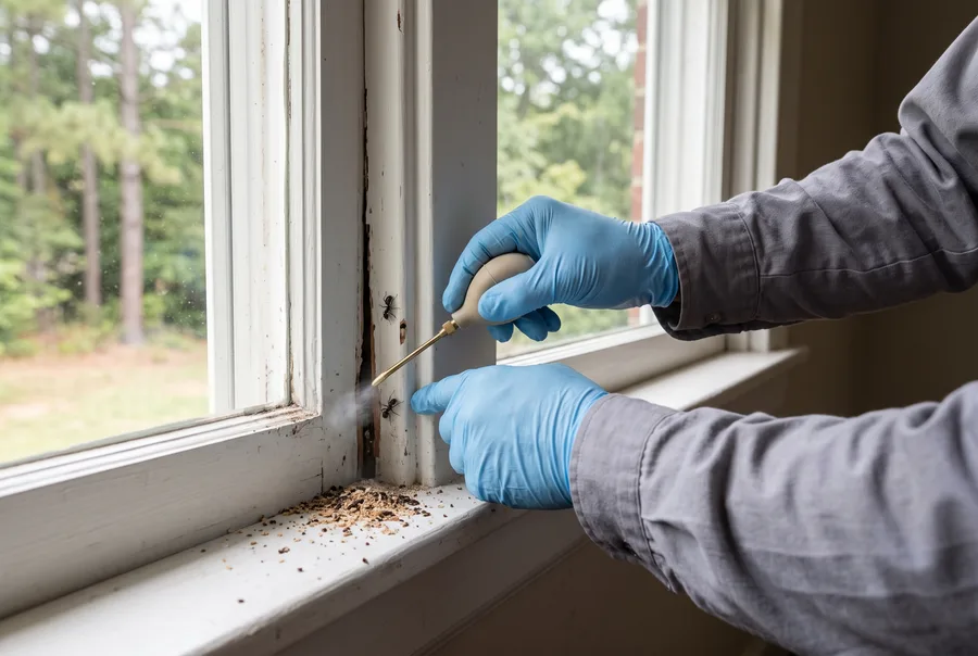 Illustration of a technician injecting an aerosol void treatment at a window frame.