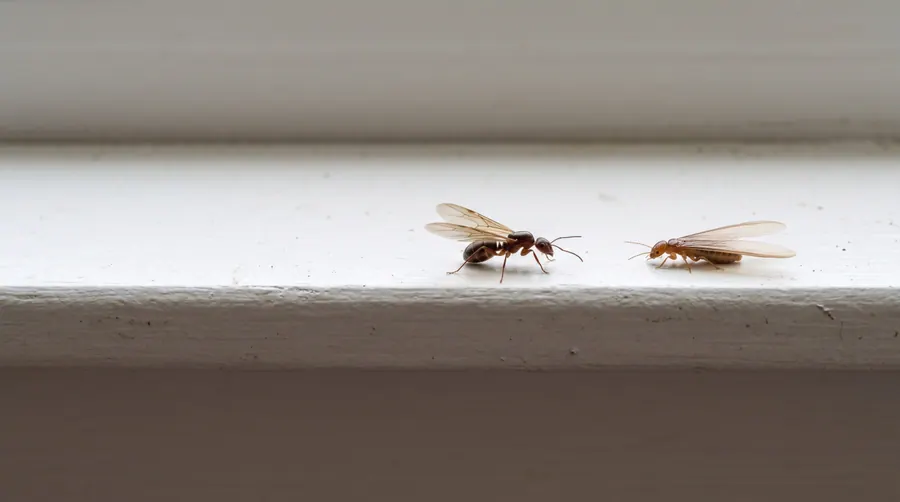 Illustration of a winged ant and a winged termite side by side on a window sill.