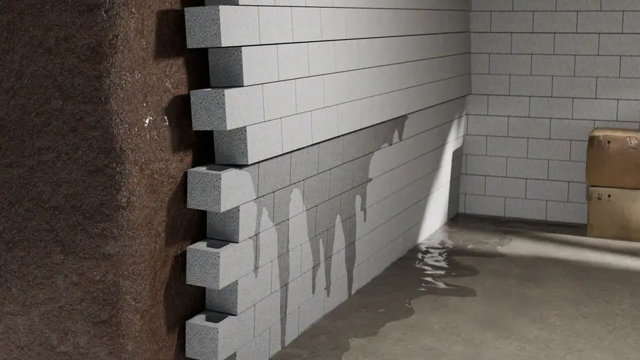 Illustration of a block basement wall with water seeping through and pooling on the concrete floor.