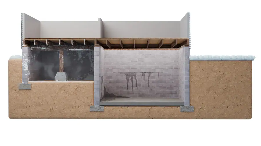 Illustration, cutaway illustration of a residential foundation with a damp crawl space and wet basement exhibiting.