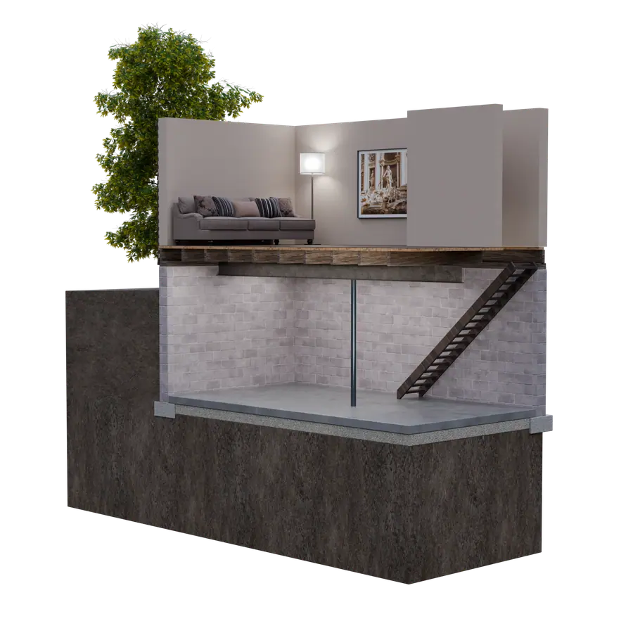 Illustration of a house cutaway showing a living room above an empty, dry basement with a foundation.