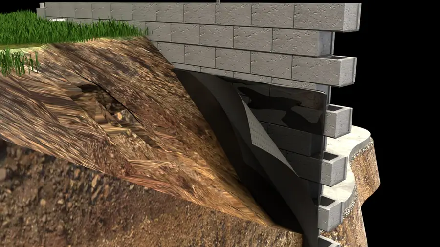 Illustration: cutaway of exterior foundation waterproofing, a block wall with a drainage board and membrane.
