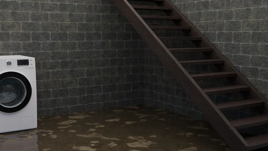 Illustration of a flooded basement with standing water on the floor, concrete block walls, and a.