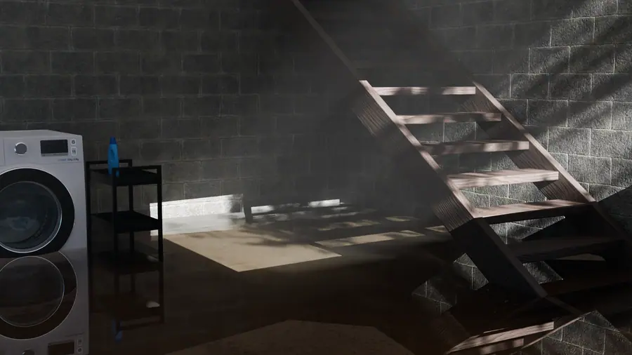 Illustration of a flooded basement with standing water, a washing machine, and wooden stairs against.