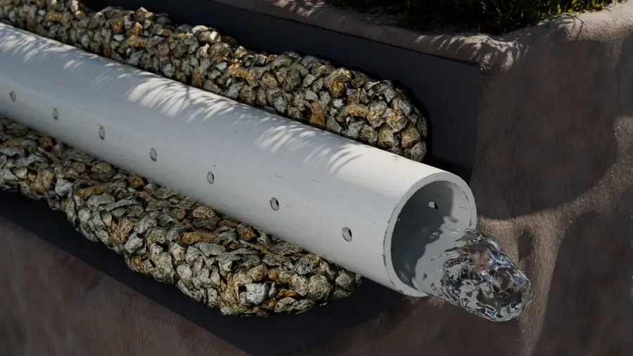 Illustration of an exterior French drain system with a perforated pipe, gravel, and filter fabric.