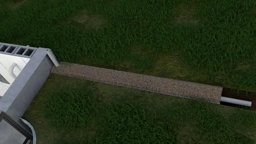 Illustration of an exterior French drain: a gravel-filled trench with a drainage pipe carrying water away from the foundation wall.