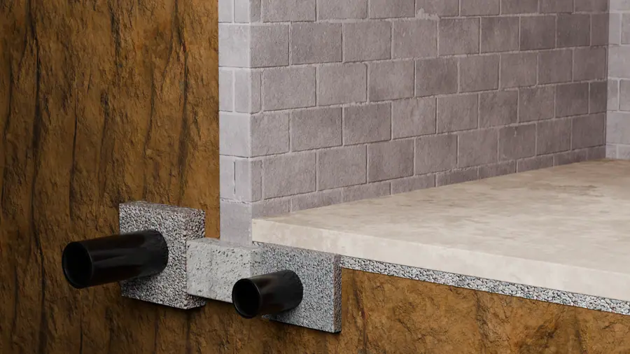 Illustration: cutaway of an interior drainage system with drain tile pipes, gravel, and a concrete block foundation.