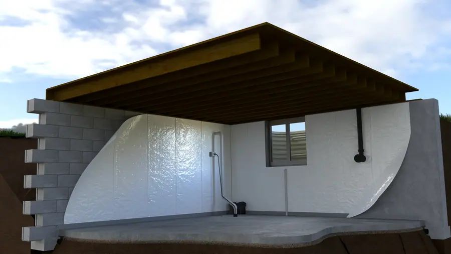 Illustration: cutaway of a basement with interior waterproofing, vapor barrier on walls, and a sump pump system.