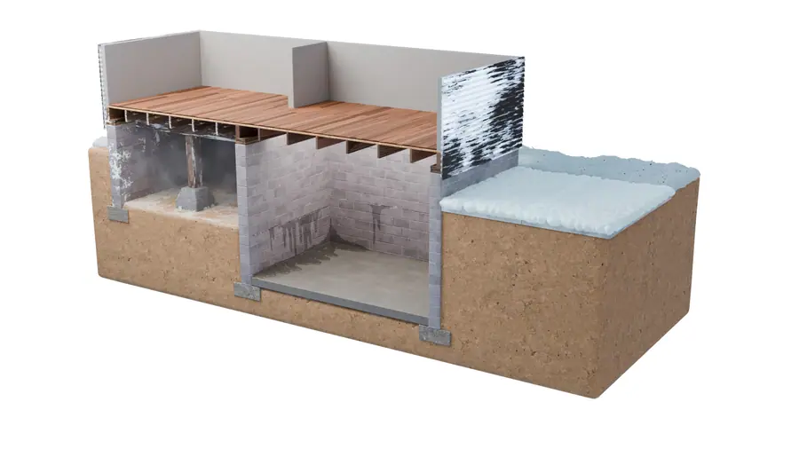 Illustration: cutaway of a basement and crawl space foundation showing water seepage, efflorescence on block walls.