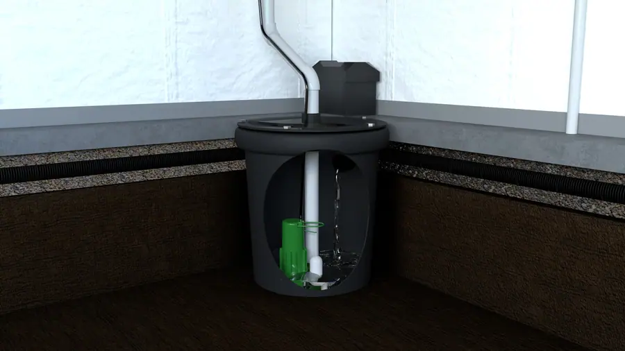 Illustration of a basement interior drainage system with a sump pump in a basin and perforated drain.
