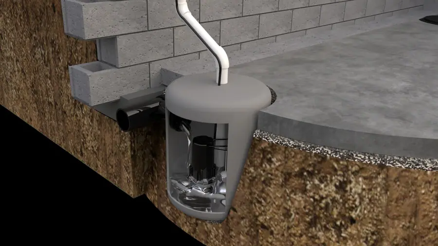 Illustration of a sump pump system with drain tile installed under a concrete slab in a basement.