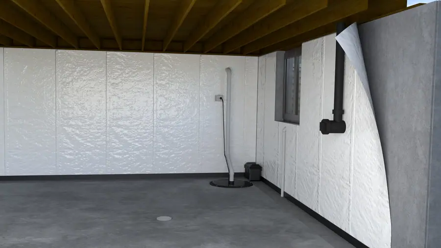 Illustration of a basement with white wall panels, a sump pump system, and interior drainage, showing.