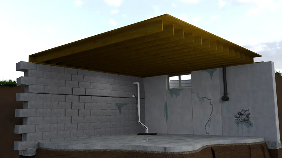 Illustration, cutaway illustration of a basement with water stains, cracks in block and concrete walls, and a sump.