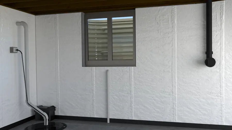 Illustration of a waterproofed basement interior with white wall panels, a sump pump, and a window well.