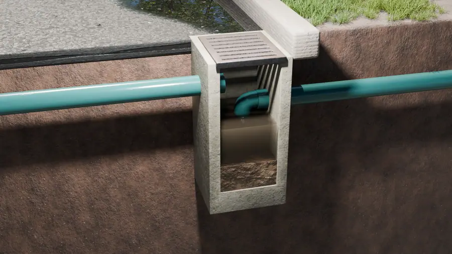 Illustration of an exterior drainage system with a catch basin, grated cover, and drainage pipe.