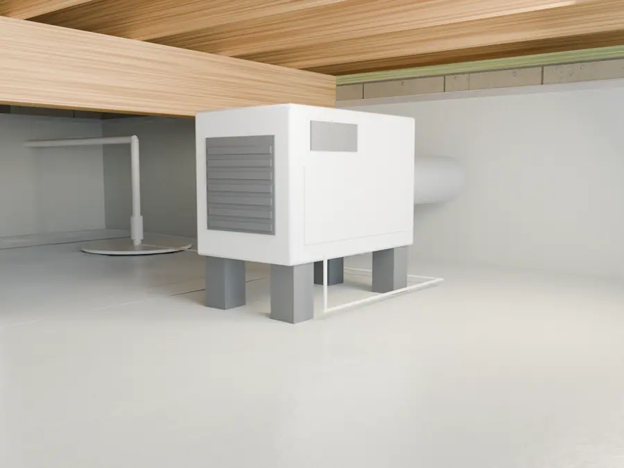 Illustration of a dehumidifier on risers with louvered intake and condensate line.