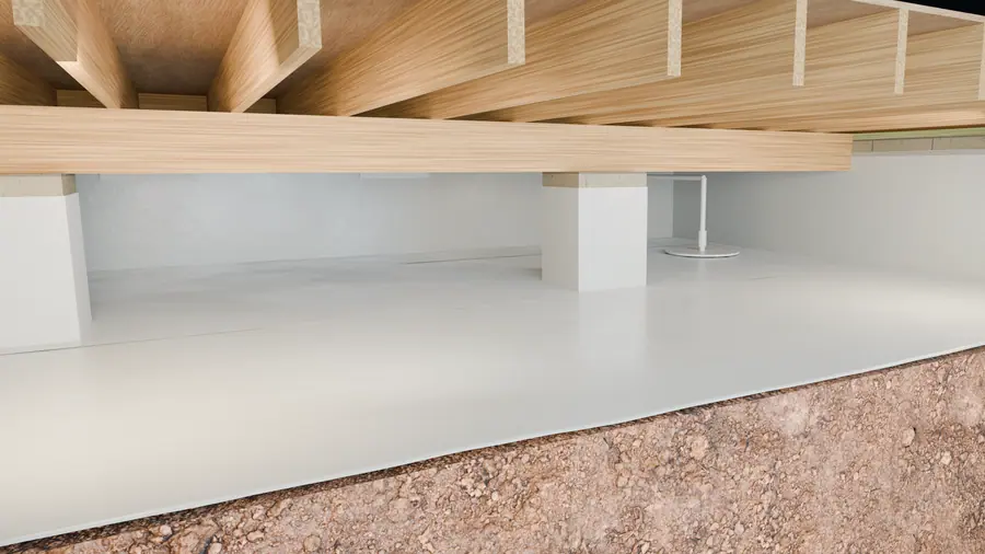 Illustration: cutaway of a vapor encapsulation liner over a crawl space floor, walls and pier.
