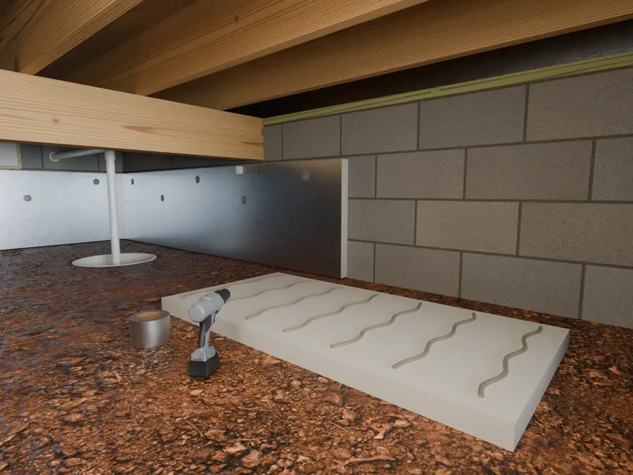 Illustration of rigid foam board insulation being fitted to a crawl space block wall.