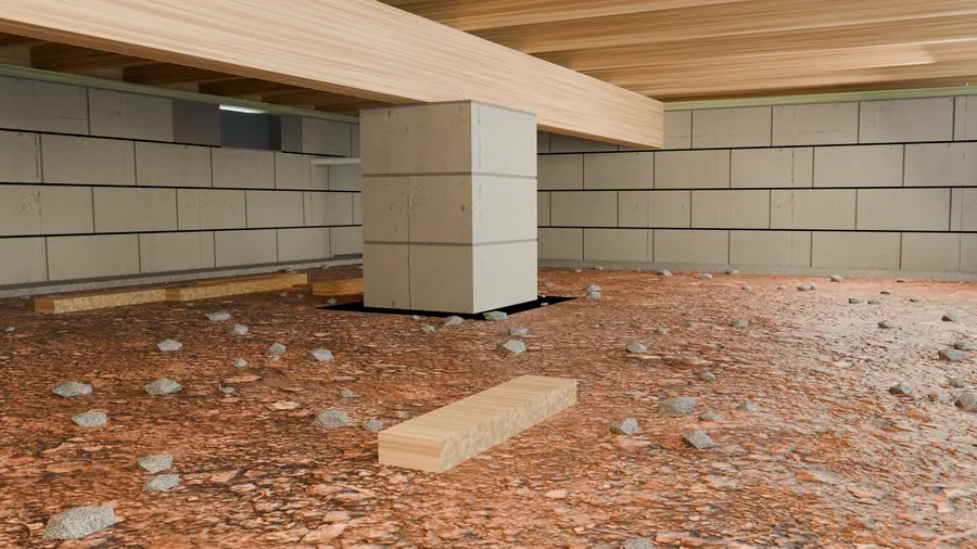 Illustration: cutaway of an interior perimeter drain in washed stone along a crawl space wall.