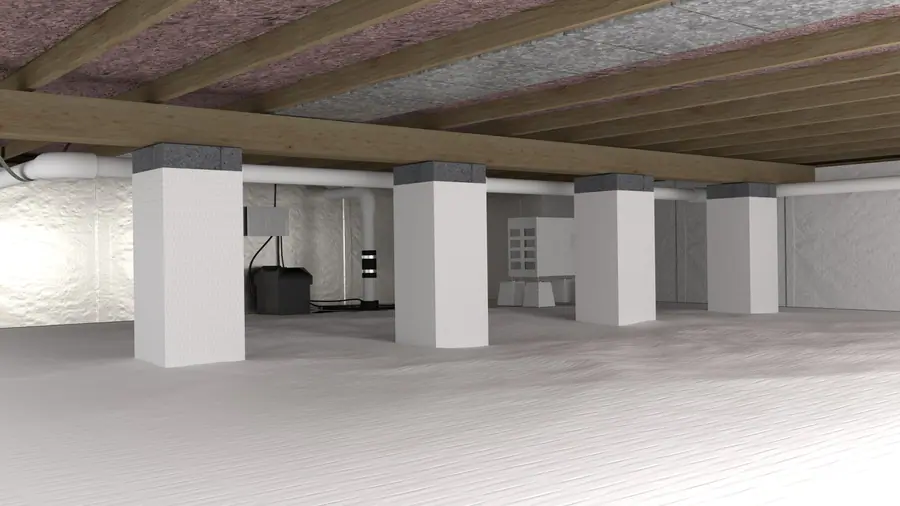 Illustration of a sealed crawl space with a vapor barrier, sump pump, dehumidifier, and wrapped.